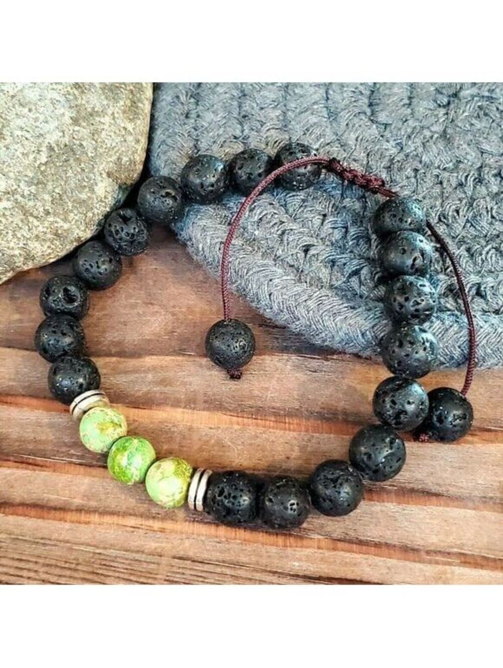 Hand Crafted Chakra Bracelet Green Aqua Terra Jasper Black Lava